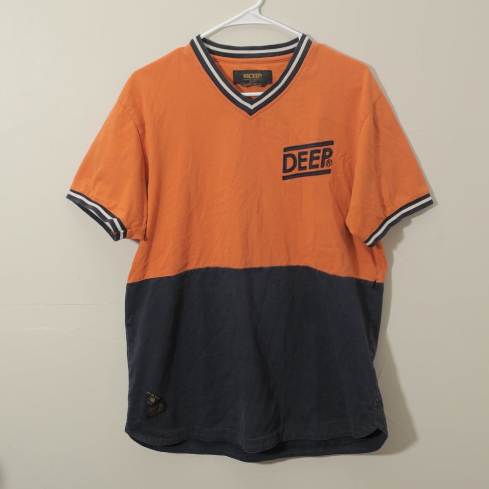 10 Deep Split Color Orange/Navy - Top/Bottom Embroidered T Shirt (Large)